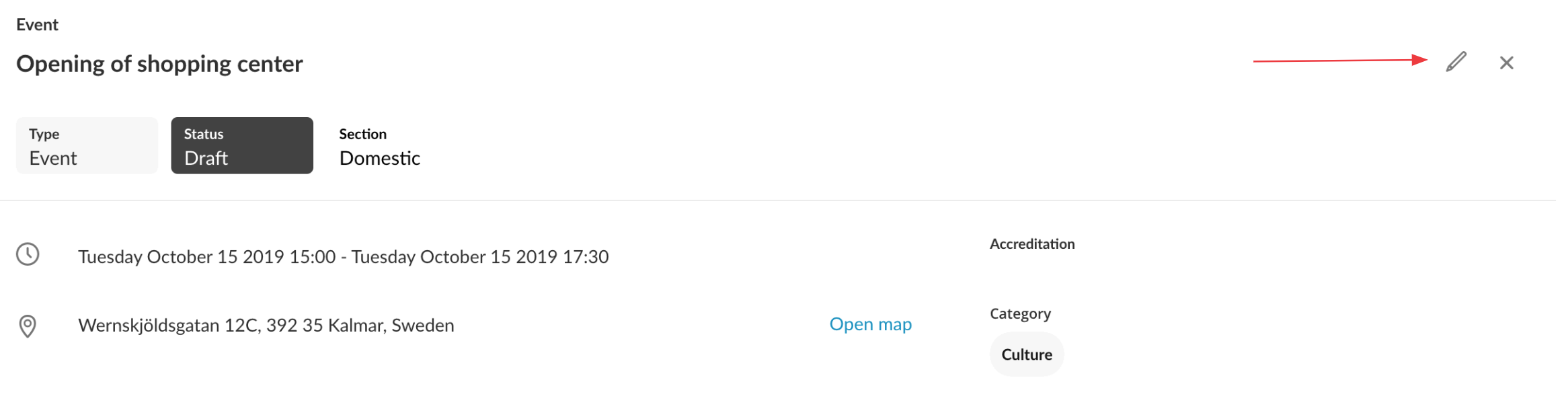 The pen icon to the right opens the Event card for editing