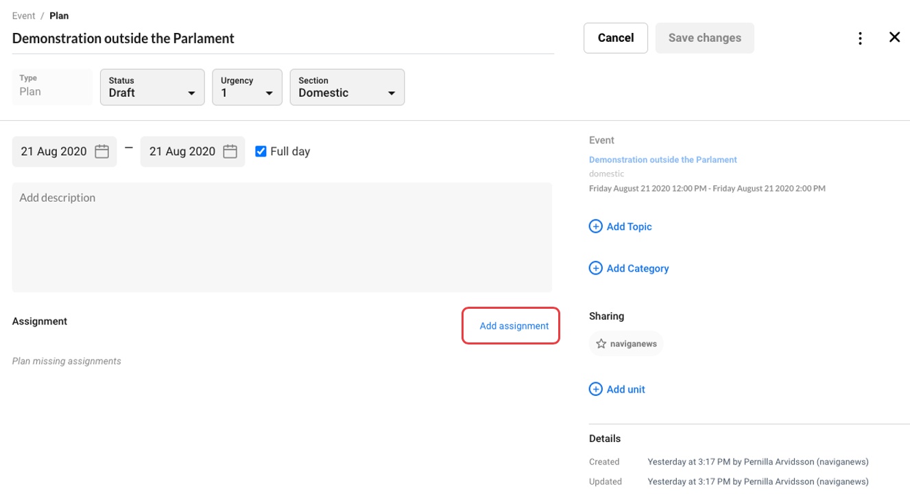 Click on Add assignment in the Planning Card so create an Assignment.